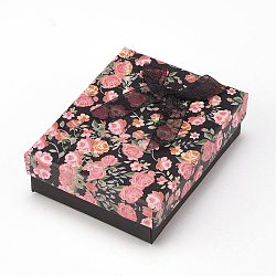 Flower Pattern Cardboard Jewelry Packaging Box, 2 Slot, For Ring Earrings, with Ribbon Bowknot and Black Sponge, Rectangle, Black, 9x7x3cm(X1-CBOX-L007-007A)