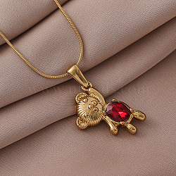 304 Stainless Steel with Red Glass Bear Pendant Necklaces for Women, Golden, 15.75 inch(40cm)(PA5495)