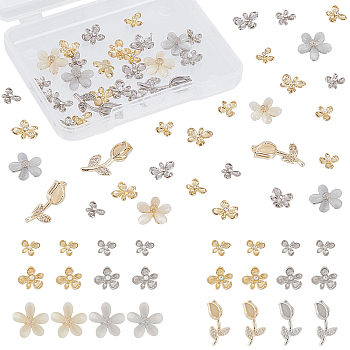 44Pcs Zinc Alloy Cabochons, with Imitation Pearl Bead, for Nail Art Studs and Nail Art Decoration Accessories, Butterfly & Flower, Platinum & Golden, 44pcs/box