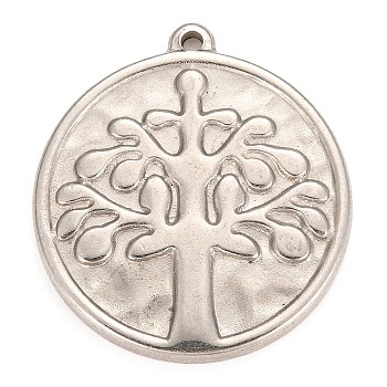 304 Stainless Steel Pendants, Flat Round with Tree of Life & Saint Benedict Medal, Stainless Steel Color, 28x25x3mm, Hole: 1.5mm
