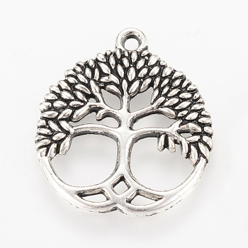 Tibetan Style Alloy Pendants, Flat Round with Tree, Cadmium Free & Nickel Free & Lead Free, Antique Silver, 26x23x2.5mm, Hole: 2mm, about 330pcs/1000g