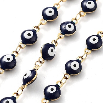 304 Stainless Steel Link Chains, with Resin & Enamel & Spool, Unwelded, Real 18K Gold Plated, Eye, Midnight Blue, 11x6x4mm, about 32.81 Feet(10m)/Roll