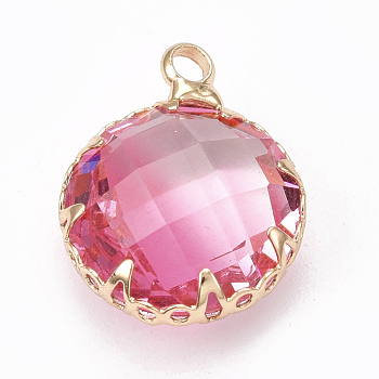 K9 Glass Pendants, Imitation Tourmaline, with Brass Findings, Faceted, Flat Round, Golden, Pearl Pink, 16x12.5x6.5mm, Hole: 1.5mm