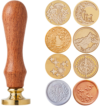 6 Styles Golden Tone Brass Wax Seal Stamp Head, with 1Pc Pear Wood Handle, for DIY Scrapbooking, Mixed Shapes, 25x14~14.5mm, 6pcs