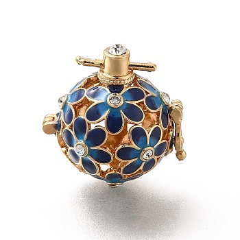 Alloy Crystal Rhinestone Bead Cage Pendants, Hollow Flower Charm, with Enamel, for Chime Ball Pendant Necklaces Making, Golden, Prussian Blue, 34mm, Hole: 6x3mm, Bead Cage: 26x25x21mm, 18mm Inner Size