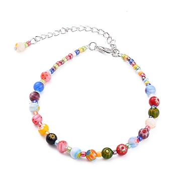 Handmade Millefiori Glass Beads Anklets, with Glass Seed Beads and Zinc Alloy Lobster Claw Clasps, Colorful, 9-1/4 inch(23.5cm)