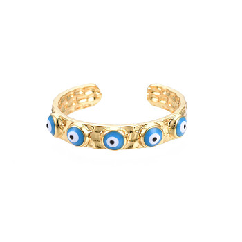 Real 18K Gold Plated Brass Open Cuff Ring with Enamel Evil Eye for Women, Nickel Free, Deep Sky Blue, US Size 8(18.1mm)