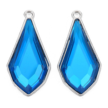 Faceted Glass Pendants, with Alloy Open Back Settings, Teardrop, Cadmium Free & Lead Free, Light Gold, Deep Sky Blue, 45.5x22x5.5mm, Hole: 3mm