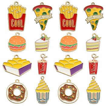 40Pcs 8 Styles Alloy Enamel Pendants, Golden, Hamburger & Chicken Nuggets & Cake, Mixed Color, 18~28x15~20x1~2mm, Hole: 1.8mm, 5pcs/style