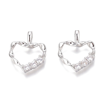 Brass Micro Pave Clear Cubic Zirconia Charms, Long-Lasting Plated, Twist Heart, Real Platinum Plated, 14x12x2mm, Hole: 2mm