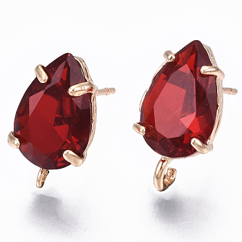 Brass Stud Earring Findings, with Transparent Glass and Loop, Long-Lasting Plated, Teardrop, Light Gold, Dark Red, 14x8.5mm, Hole: 1.2mm, Pin: 0.7mm