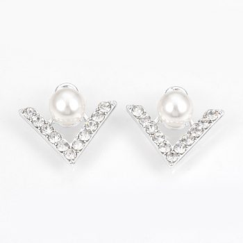 Alloy Rhinestone Pendants, with ABS Plastic Imitation Pearl Beads, V-shape, Platinum, 18x18.5x8mm, Hole: 2mm