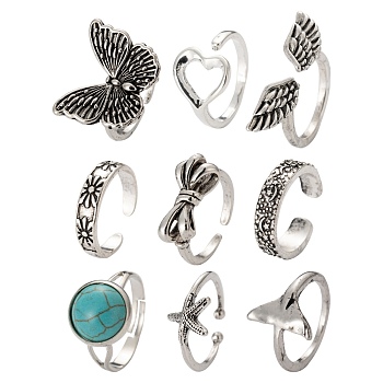 9Pcs 9 Style Adjustable Alloy Finger Rings, Bowknot & Heart & Flat Round & Starfish & Fishtail & Flower & Wings & Butterfly & Wide Band Rings, Antique Silver, US Size 5(16mm)~US Size 7(17mm), 1pc/style
