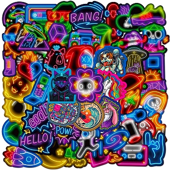 50Pcs 50 Styles Neon Theme 3D PVC Adhesive Waterproof Stickers Set, for Kid's Art Craft, Bottle, Luggage Decor, Mixed Color, 60~63x49~60mm, 1pc/style
