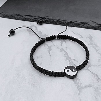 Yin-yang Resin Bead Braided Bead Bracelets, Adjustable Polyester Cord Bracelets for Women, Black, No Size
