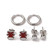 3 Pairs 3 Styles Christmas 304 Stainless Steel Hoop & Studs Earrings Set for Women, with Enamel & Cubic Zirconia, Stainless Steel Color, Christmas Bell, 6~9x6~8.5mm, 1 pair/style(EJEW-K279-12G-P)