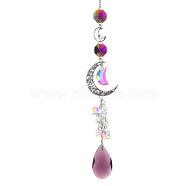 Glass Moon Hanging Suncatcher Pendant Decoration, Teardrop Crystal Ceiling Chandelier Ball Prism Pendants, with Alloy & Iron Findings, Pale Violet Red, 420~430mm(DJEW-PW0008-10D)