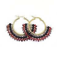 304 Stainless Steel Hoop Earrings, Beaded Hoop Earrings, with Glass Beads, Fan, Golden, Black, 40.5~42x48~48.5x4mm(EJEW-O090-I04)