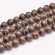Natural Tibetan Striped Pattern dZi Agate Beads Strands, Round, Dyed & Heated, Dark Khaki, 8mm, Hole: 1.2mm,  about 47pcs/strand, 15 inch(G-F354-13)
