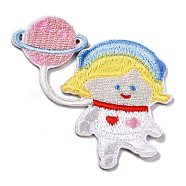 Computerized Embroidery Cloth Self Adhesive Patches, Stick On Patch, Costume Accessories, Appliques, Girl with Planet, Colorful, 60x60x1.5mm(DIY-G031-04H)