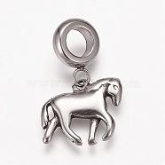 304 Stainless Steel European Dangle Charms, Large Hole Pendants, Horse, Antique Silver, 22mm, Hole: 5mm, Pendant: 12x15x2mm(OPDL-K001-30AS)