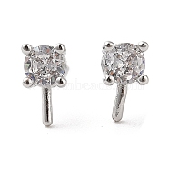 Brass with Clear Cubic Zirconia Stud Earring Findings, Flat Round, Platinum, 8mm, Pin: 0.9mm & 11x0.5mm(KK-G491-53P)