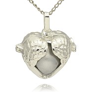 Silver Color Plated Brass Hollow Heart Cage Pendants, with No Hole Spray Painted Brass Ball Beads, Silver, 28x30x16mm, Hole: 3x8mm(KK-J241-02S)