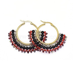 304 Stainless Steel Hoop Earrings, Beaded Hoop Earrings, with Glass Beads, Fan, Golden, Black, 40.5~42x48~48.5x4mm(EJEW-O090-I04)