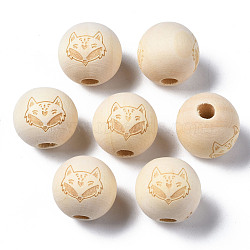 Unfinished Natural Wood European Beads, Large Hole Beads, Laser Engraved Pattern, Round with Fox, Old Lace, 15~16x14~15mm, Hole: 4mm(WOOD-S045-153)