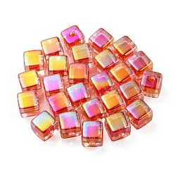 UV Plating Transparent Acrylic European Beads, Large Hole Beads, Cube, Red, 13.5x13.5x13.5mm, Hole: 4mm(OACR-F004-10G)