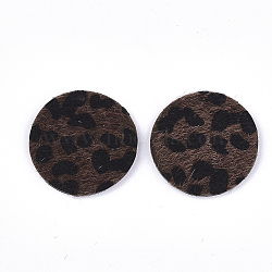 PU Leather Pendants, with Faux Horsehair Fur, Flat Round with Leopard Print Pattern  , Coconut Brown, 40x2.5mm, Hole: 1.8mm(FIND-S300-44C)