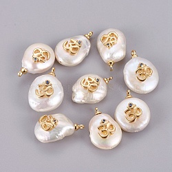 Natural Cultured Freshwater Pearl Pendants, with Brass Micro Pave Cubic Zirconia Cabochons, Long-Lasting Plated, Nuggets with Om Symbol, Real 18K Gold Plated, Blue, 17~21x12~13x7~8mm, Hole: 1.4mm(PEAR-F008-54G-3)