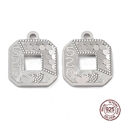 Rhodium Plated 925 Sterling Silver Charms, Square with Polka Dot & Word Love & Number 520 Charm, Textured, for Valentine's Day, Real Platinum Plated, 12x10x1.2mm, Hole: 1.2mm(STER-C003-04P)