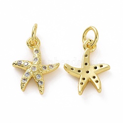 Brass Micro Pave Cubic Zirconia Charms, Real 18K Gold Plated, with Jump Ring, Starfish, Clear, 13.5x10.5x2mm, Jump Ring: 5x0.8mm, Inner Diameter: 3.2mm(KK-E068-VF059)