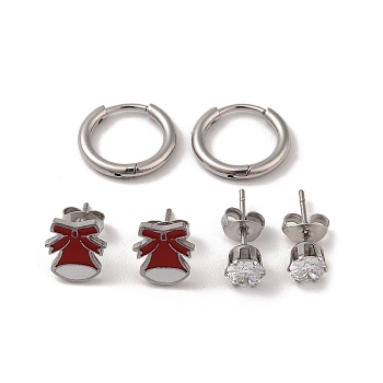 3 Pairs 3 Styles Christmas 304 Stainless Steel Hoop & Studs Earrings Set for Women, with Enamel & Cubic Zirconia, Stainless Steel Color, Christmas Bell, 6~9x6~8.5mm, 1 pair/style
