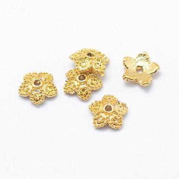 Brass Bead Caps, 5-Petal, Real 18K Gold Plated, Lead Free & Cadmium Free & Nickel Free, Flower, 7.5x2mm, Hole: 1mm