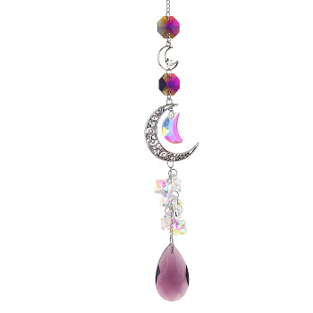Glass Moon Hanging Suncatcher Pendant Decoration, Teardrop Crystal Ceiling Chandelier Ball Prism Pendants, with Alloy & Iron Findings, Pale Violet Red, 420~430mm