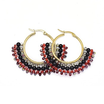 304 Stainless Steel Hoop Earrings, Beaded Hoop Earrings, with Glass Beads, Fan, Golden, Black, 40.5~42x48~48.5x4mm