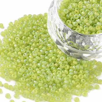 12/0 Grade A Round Glass Seed Beads, Transparent Frosted Style, AB Color Plated, Green Yellow, 2x1.5mm, Hole: 0.8mm, about 30000pcs/bag