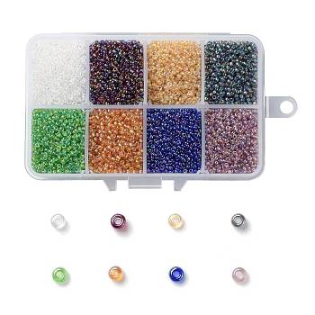 200G 8 Colors 12/0 Grade A Round Glass Seed Beads, Transparent Colours Rainbow, Mixed Color, 2x1.5mm, Hole: 0.9mm, 25g/color, about 13300pcs/box