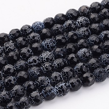 Natural Crackle Agate, Round, Grade A, Dyed, Faceted, Black, 8mm, Hole: 2mm, about 48pcs/strand