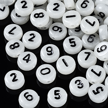 Luminous Acrylic Beads, Flat Round with Number, Creamy White, 7x3.5~4mm, Hole: 1.2mm, about 3700pcs/500g