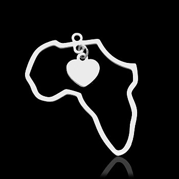 201 Stainless Steel Pendants, Map with Heart, Stainless Steel Color, 34x29.5x1mm, Hole: 1.6mm