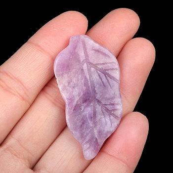 Natural Lilac Jade Carved Healing Leaf Stone, Reiki Energy Stone Display Decorations, for Home Feng Shui Ornament, 47x20~25x6mm