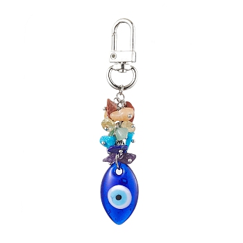 Blue Evil Eye Lampwork Pendant Decooration, 7 Chakra Natural & Synthetic Gemstone Chip Beads & Swivel Clasps Charms for Bag Ornaments, Horse Eye, 92mm