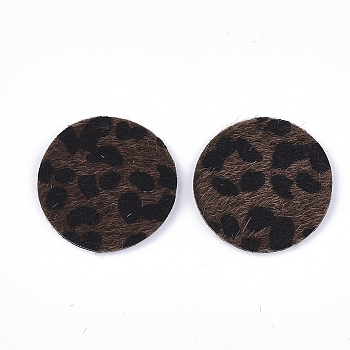 PU Leather Pendants, with Faux Horsehair Fur, Flat Round with Leopard Print Pattern  , Coconut Brown, 40x2.5mm, Hole: 1.8mm