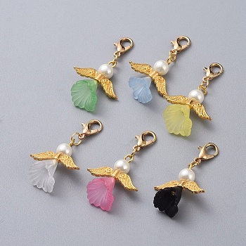 Guardian Angel Pendant Decorations, with Acrylic, Glass Pearl Beads, Light Gold Plated Zinc Alloy Lobster Claw Clasps and Alloy Beads, Mixed Color, 39mm