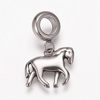 304 Stainless Steel European Dangle Charms, Large Hole Pendants, Horse, Antique Silver, 22mm, Hole: 5mm, Pendant: 12x15x2mm