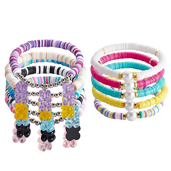 Polymer Clay Heishi Beads Stretch & Charm Bracelets Sets, with Platinum Plated Iron Round Beads, Mixed Color, 10pcs/set
