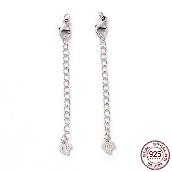 925 Sterling Silver Chain Extenders, with Lobster Claw Clasps & Charms, Heart, Antique Silver, 62x2.5mm, Hole: 2.4mm
